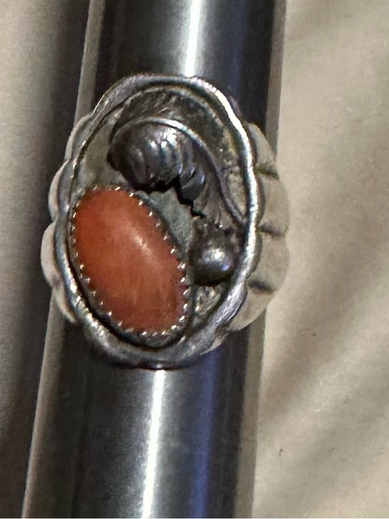 Vintage Native American Other - Vintage Native American Men's Sterling Silver & Coral Heavy-Solid Ring size 10.5